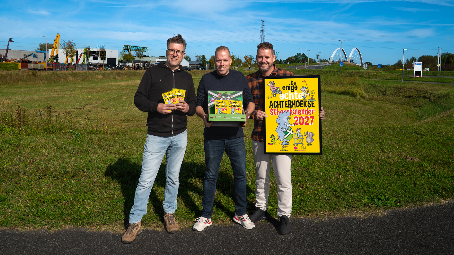 Initiatiefnemers van de Achterhoekse Scheurkalender 2027 Patrick van den Brink, Maarten van Kranenburg en Derk Jan Rouwenhorst